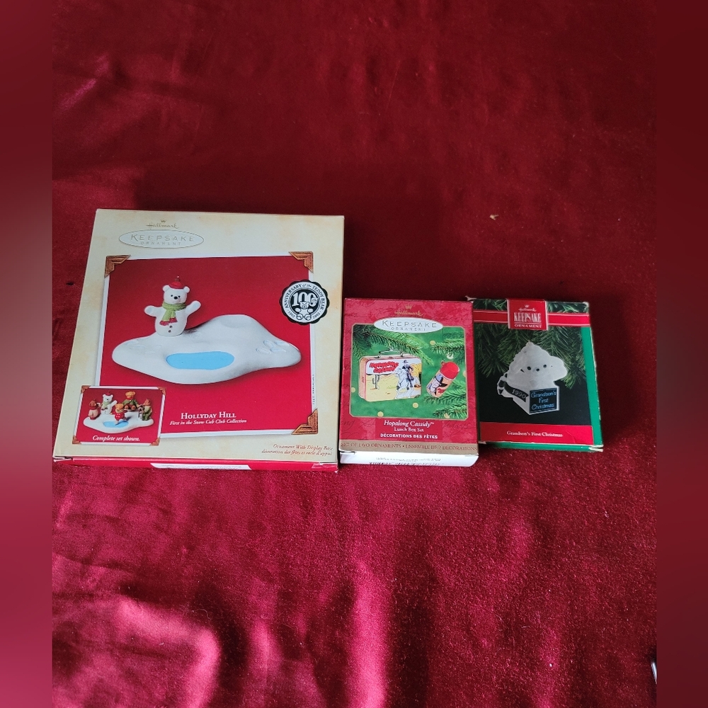 (3) Keepsake Ornament  Holliday hill. Hopalong Cassidy. Grandsons first Christma